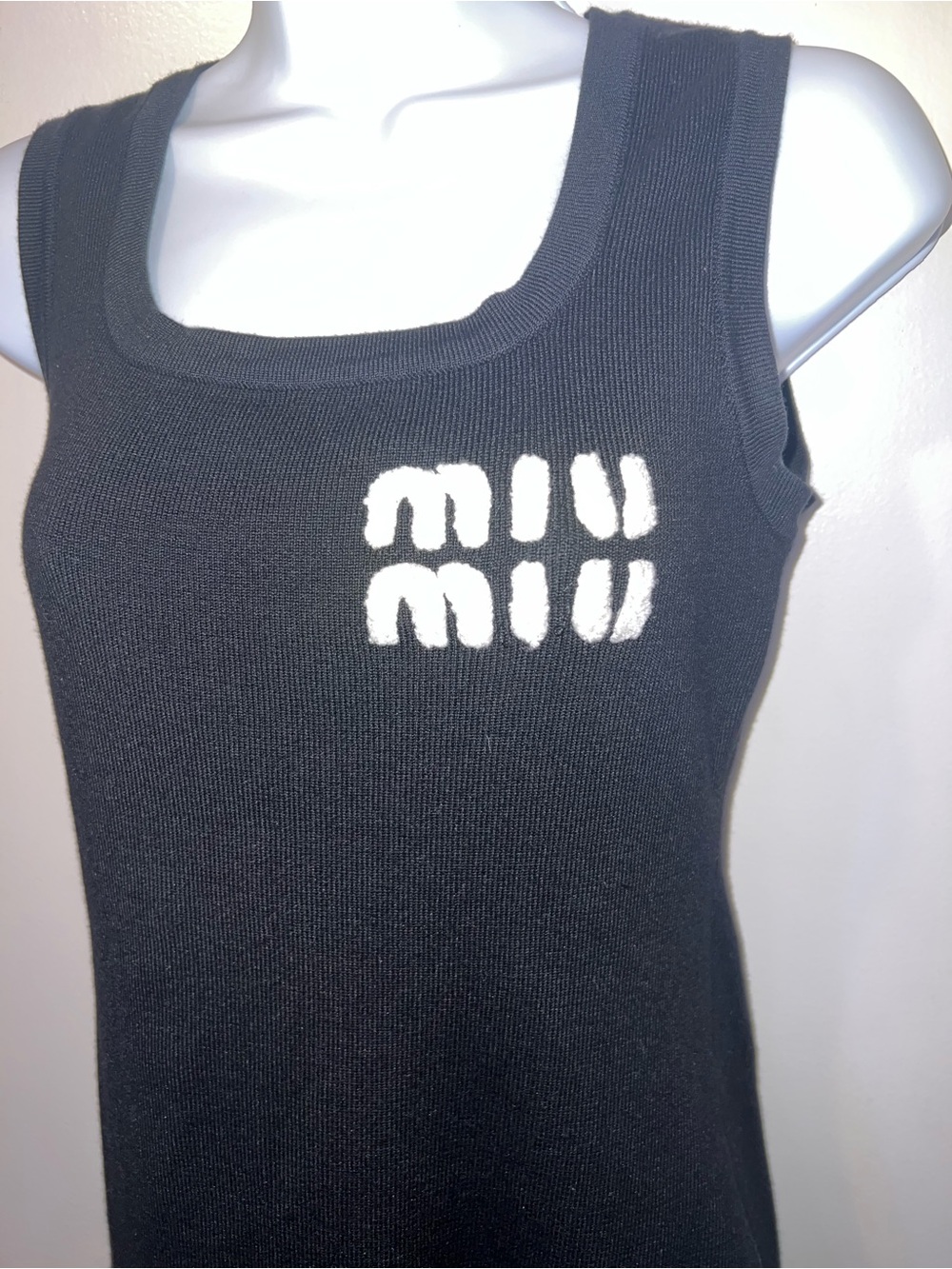 Miu Miu Black Knit Tank Dress with White Logo and Feather Trim - Picture 2 of 4